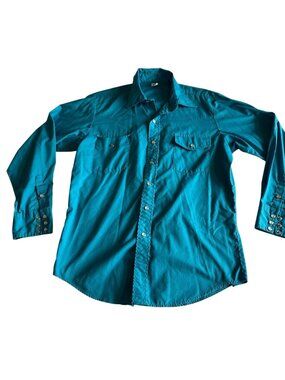 Malco Modes Turquoise Western Snap Shirt Size 16 34 Long Sleeve Made In USA